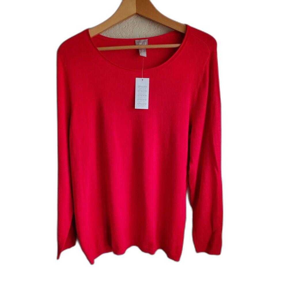 Chico's Outlet 2 Pullover Sweater Top Rolled Round Neck Classic Comfort Red M - Picture 1 of 6